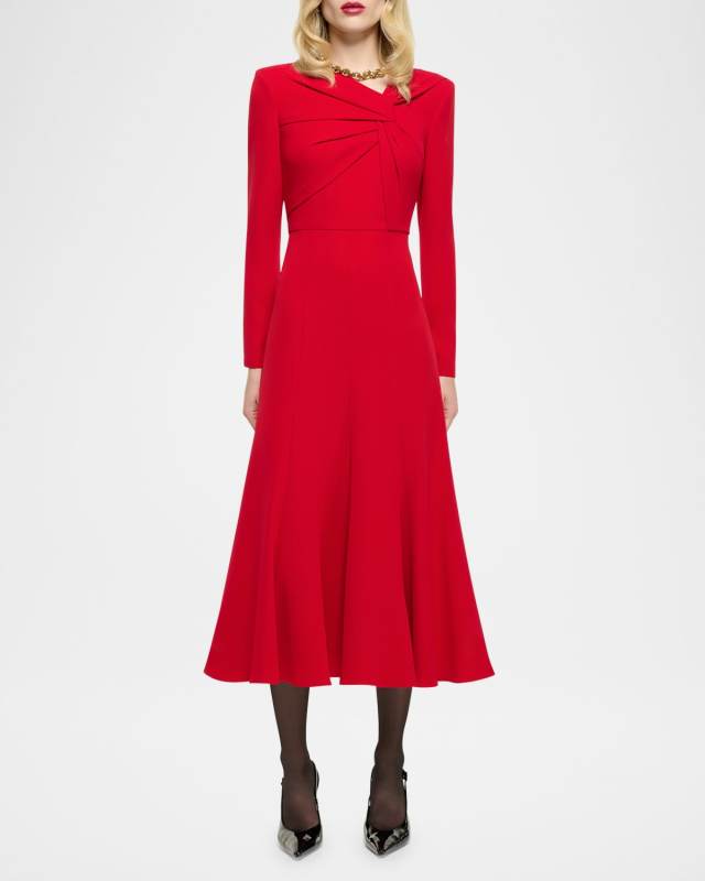 Twisted Long-Sleeve Light Cady Midi Dress